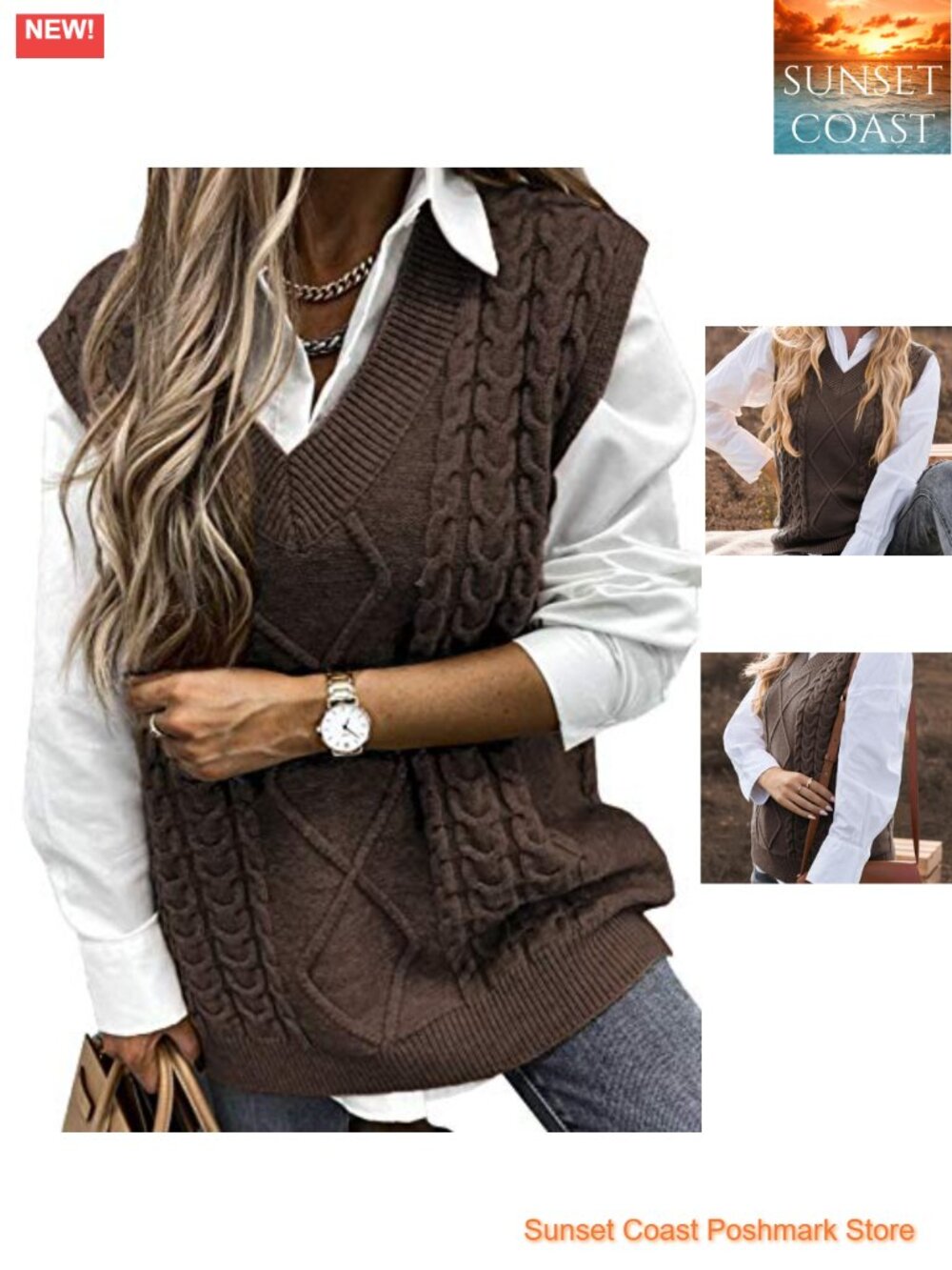 Oversized V Neck Sleeveless Cable Knit Sweater Vest Loose Fit Tunic Pullover